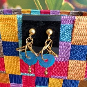 Vintage Gold Tone Net with Green Elements Earrings